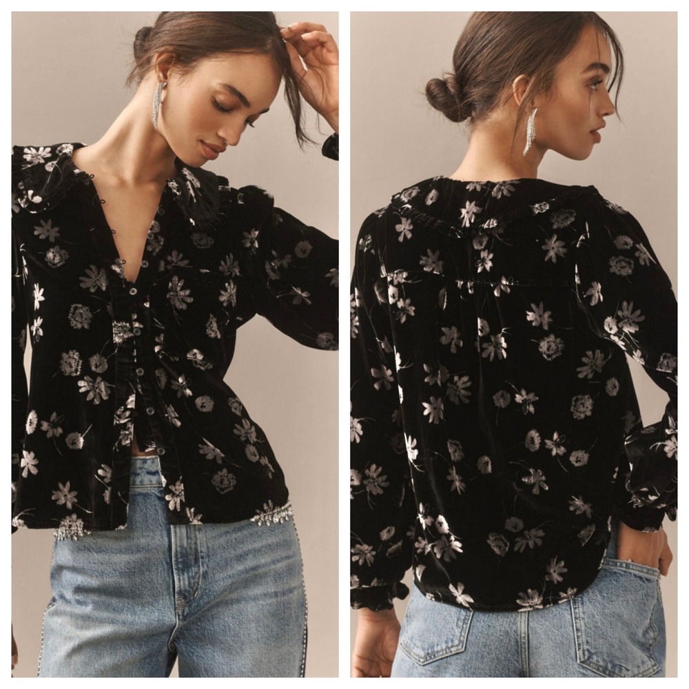 Pilcro Anthropologie Keira Velvet Burnout Blouse Black Witchy Peter Pan Collar M - Picture 10 of 17